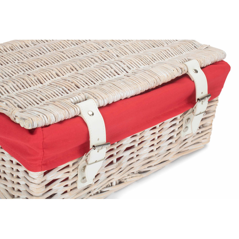 14 Inch Empty Wicker Hamper Basket - with Lining, White Wash/Red