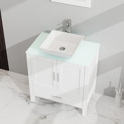 30" Bathroom Vanity And Sink With Glass Top. White Cabinet. 2 Doors, 1 Drawer. Generous Storage Space. Surface. Quiet Drawer Slides. Adjustable Cabinet Height. Modern In White. Countertop.