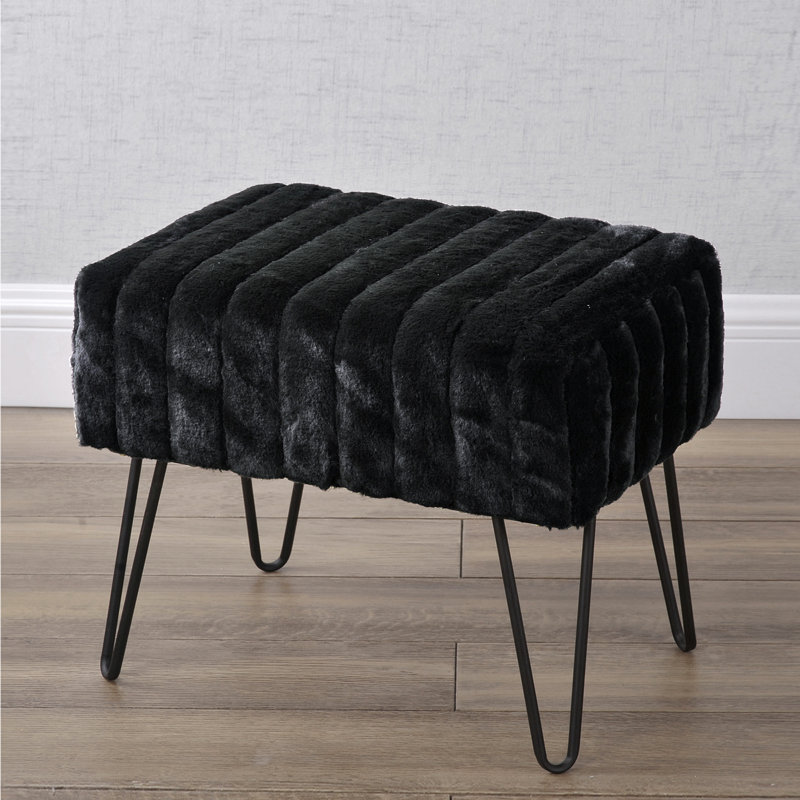 Defranco Upholstered Ottoman, Jet Black Faux Fur
