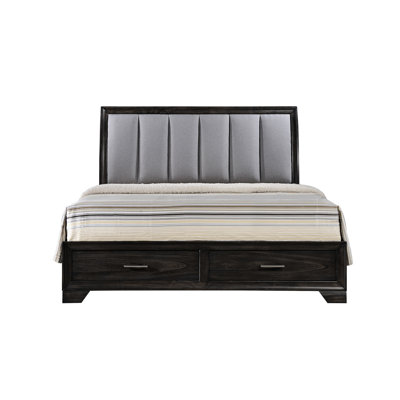 Très grand lit avec tête de lit ultra et tiroirs de rangement, esthétique contemporaine, revêtement gris, fabrication en bois massif, tiroirs à glissières en métal, structure, pleine extension