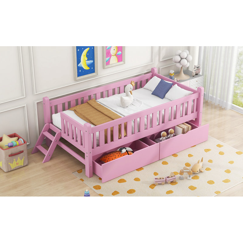 Wood Twin Size Platform Bed With Guardrail And 2 Drawers, Pink