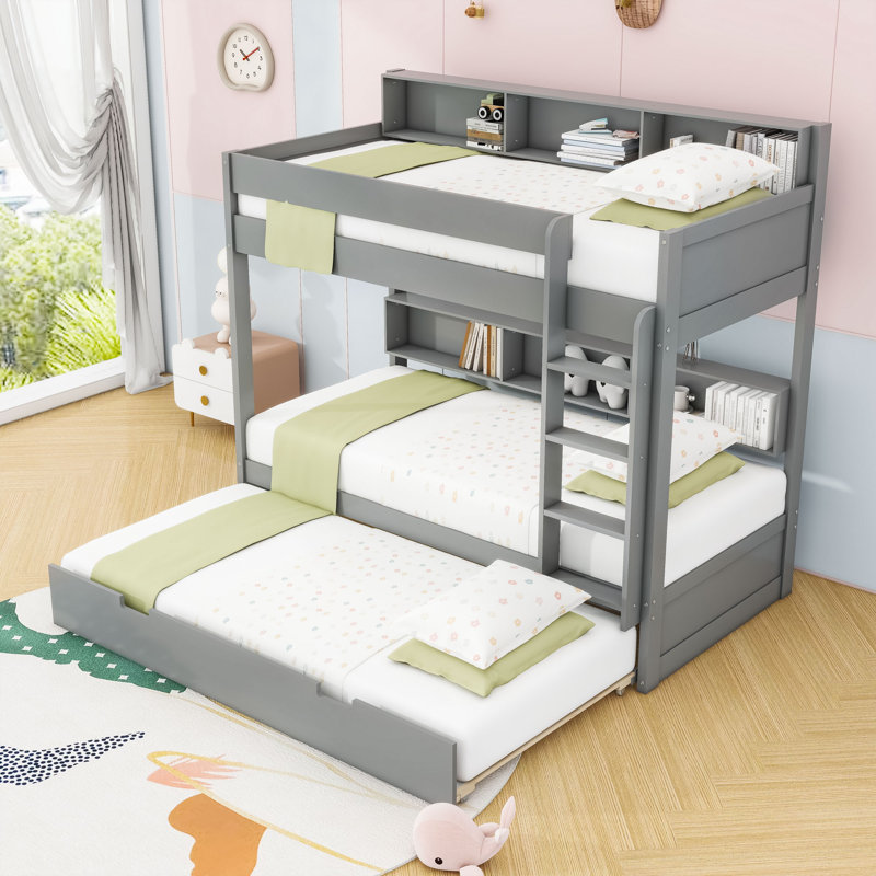 Lit superposé en bois avec lit gigogne simple, tablettes et garde-corps, Twin Over Twin, Gris