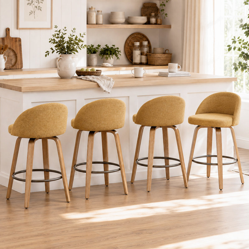 Tabourets de bar pivotants en tissu Louise Wood, Jaune, Tabouret de comptoir (siège d'une hauteur de 25,3