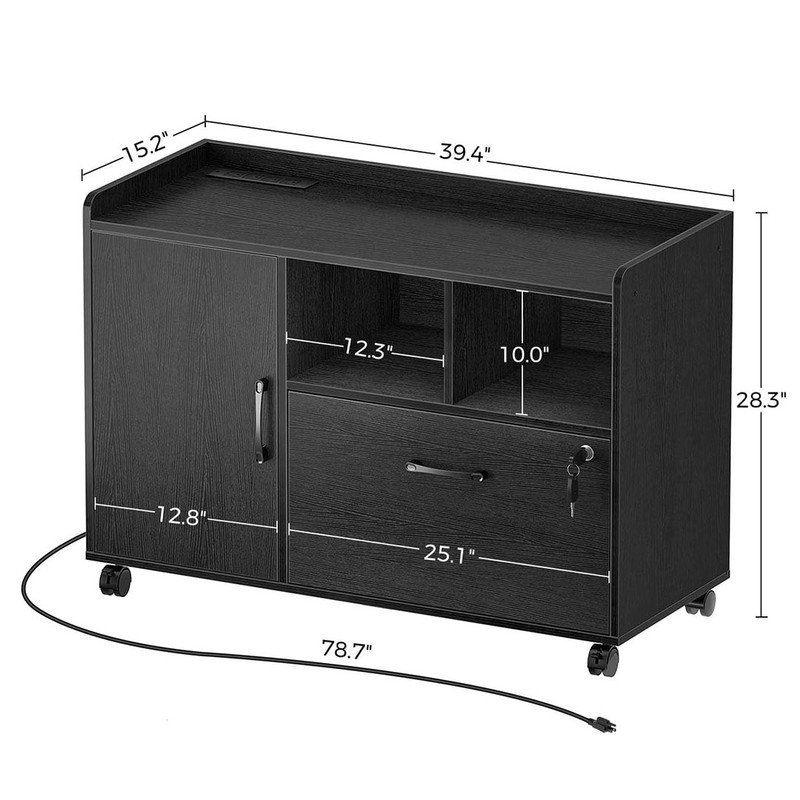 File Cabinet with Charging Station, Mobile Lateral Filing Cabinet with Locking Drawer, Printer Stand with Open Storage Shelf with Wheels, for Letter/Legal/A4 Size Files,Black