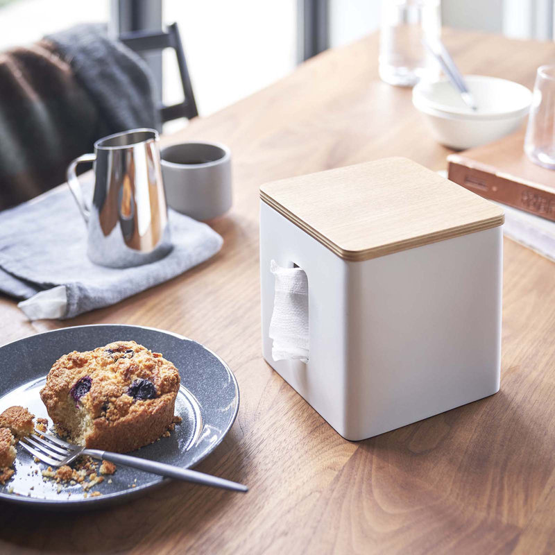 White Compact Discreet Paper Holder with Wood Accent