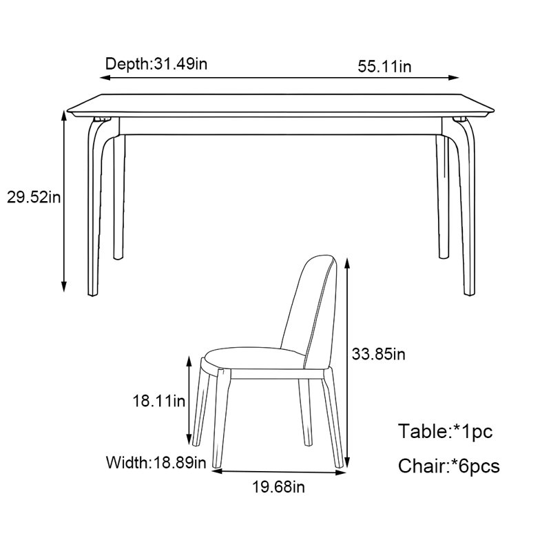 Small household rectangular solid wood table set, 29.52"H x 55.11"L x 31.49"W