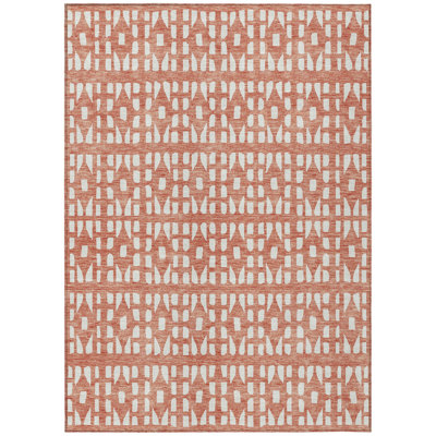 5' X 8' Salmon And Ivory Geometric Washable Indoor Outdoor Area Rug