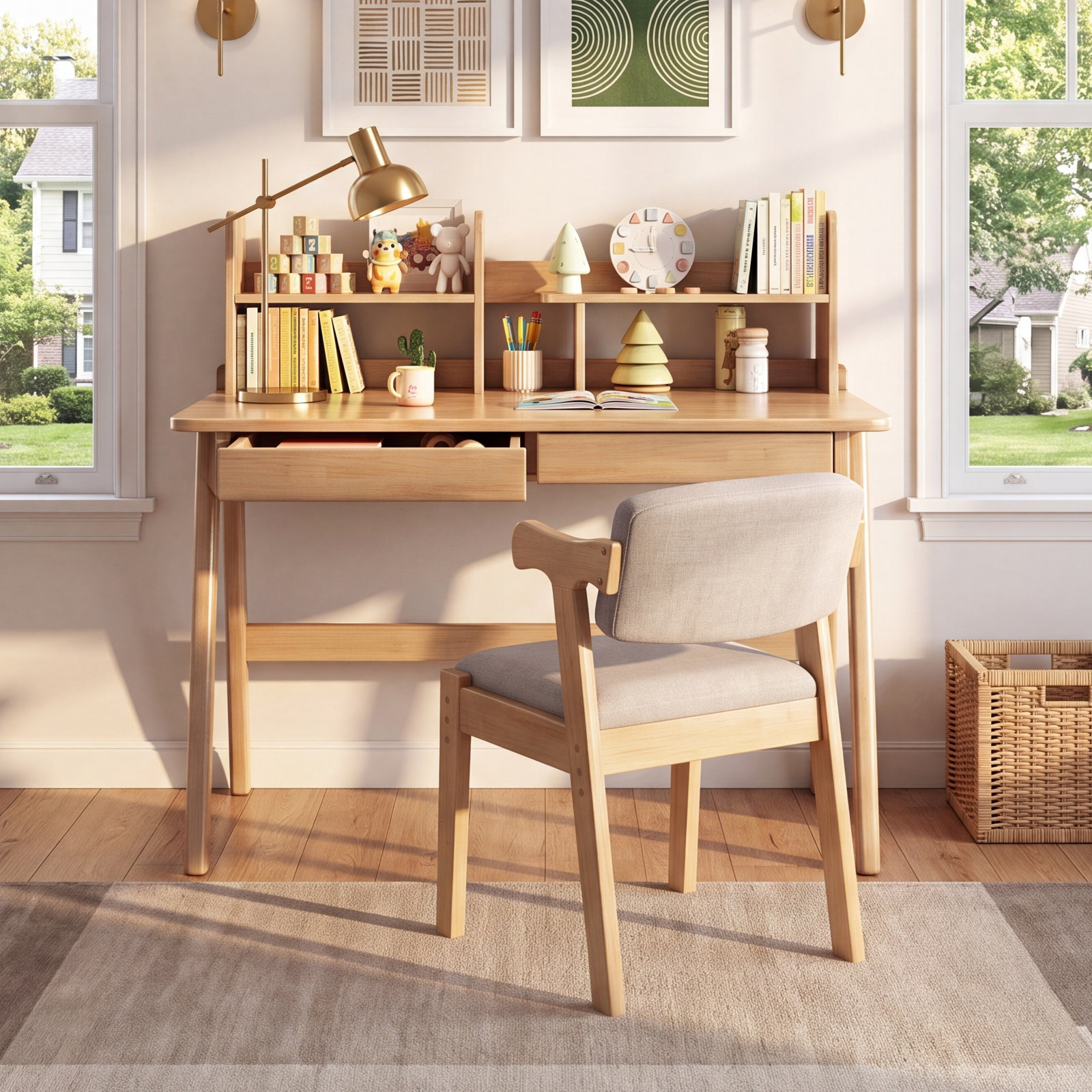 Kids Writing Desk and Chair Set, Beige