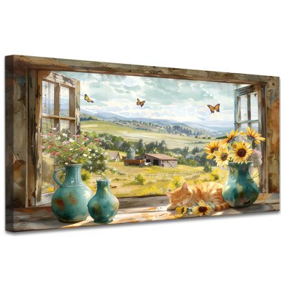 «White Rose Meadow Window», reproduction d'art sur toile panoramique 2: 1 avec papillons, vase Vase bleu