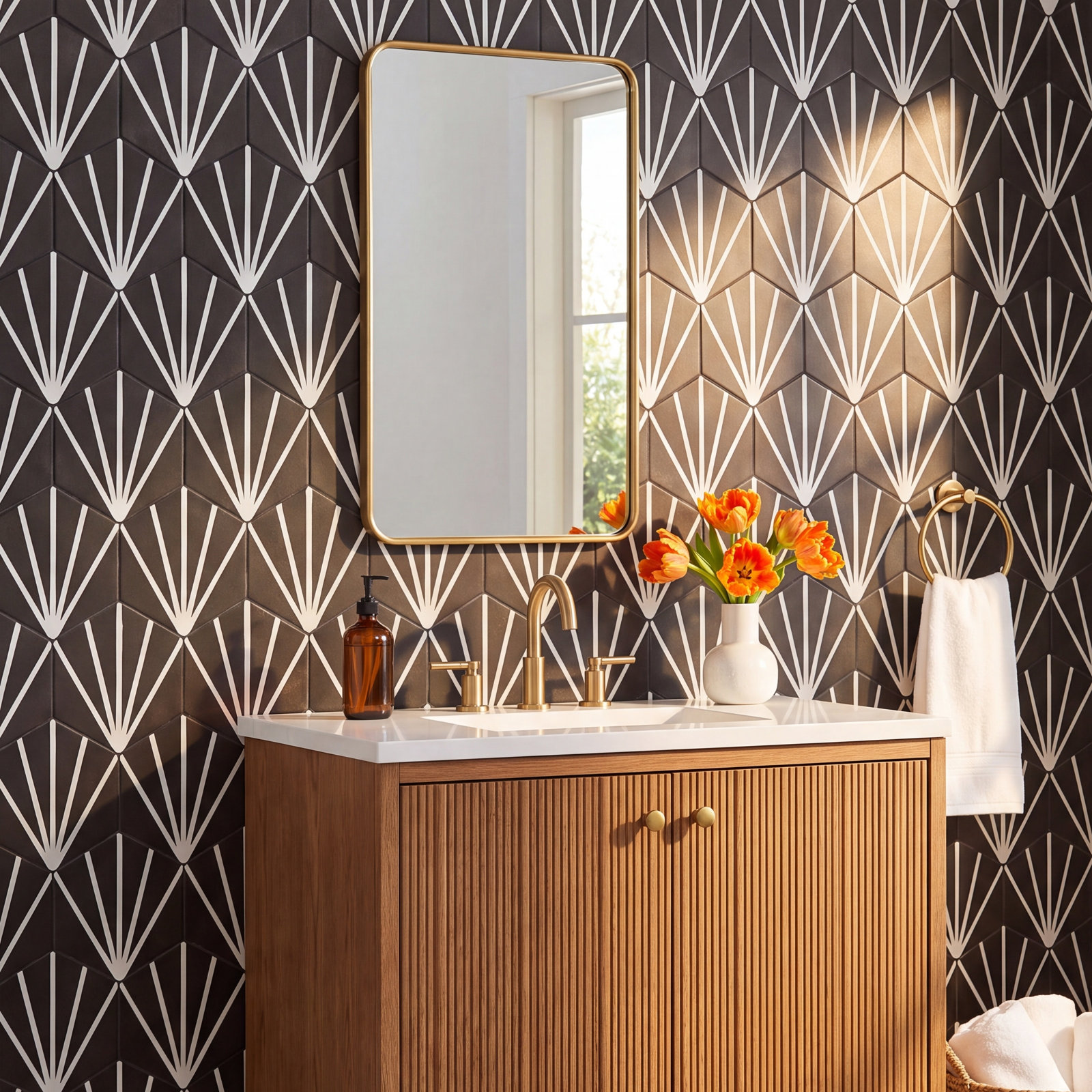 GeoHex Deco 8" Porcelain Tile, Black
