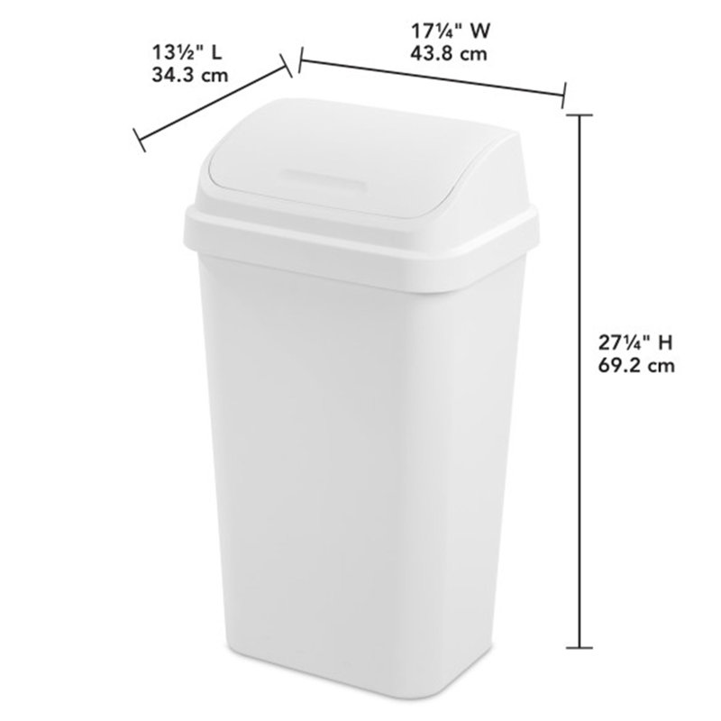 Sterilite 13 Gallon Swing Top Lidded Wastebasket Kitchen Trash Can, White, White