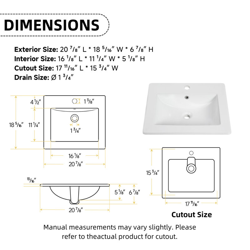 Los Flexi White Drop In Bathroom Sink Ceramic Rectangular with Faucet Hole & Overflow, 20.87" L x 18.31" W x 6.89" H, Single
