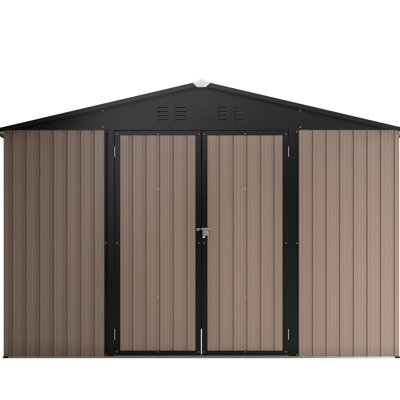 Remise de rangement en métal 10 pi x 10 pi, brun, verrouillable, ventilée pour outils et équipement de jardin