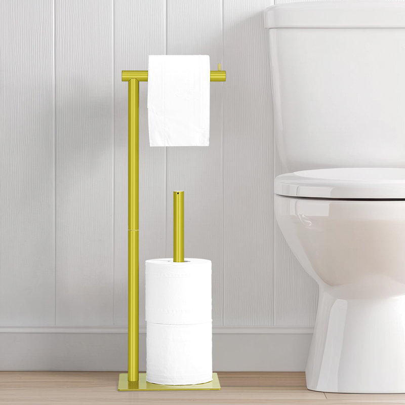 Porte-papier hygiénique autoportant doré avec rangement pour rouleau de réserve, support à papier hygiénique en métal moderne pour salle de bain