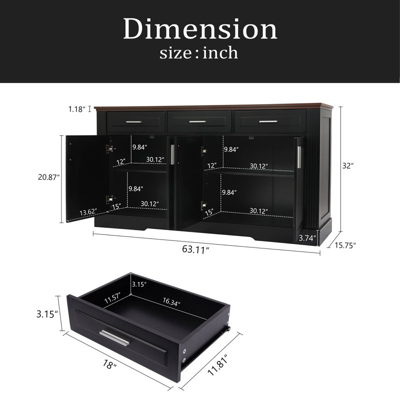 Buffet de 63 po à lattes cannelées avec rangement, station de café avec 4 portes et 3 tiroirs, console de rangement pour la cuisine, salon, entrée, salle à manger