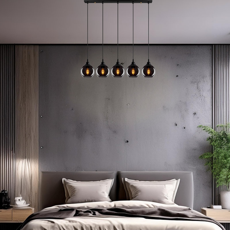Luminaire suspendu pour îlot de cuisine à 5 lumières à hauteur réglable avec capuchon en verre
