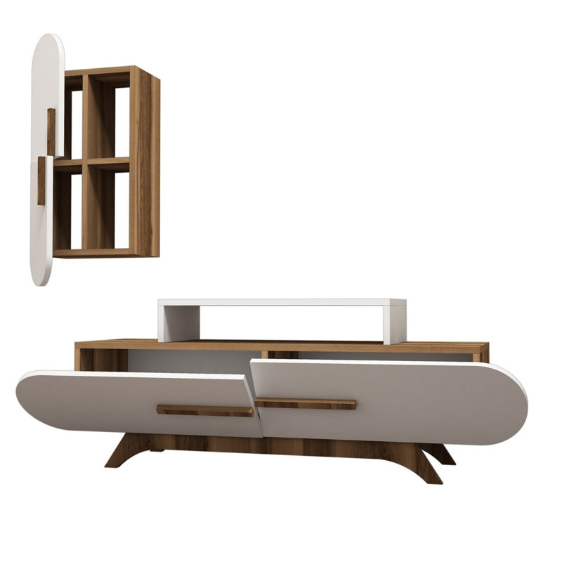 Modern TV Unit with Wall Shelf, Walnut & White, 57.1 x 19.6 x 14.5 inches | 100% Melamine Coated Particle Board, Thickness: 0.7 inches | Multiple Shelves, Space-Saving Design, Wall-Mountable for Stylish Living Room