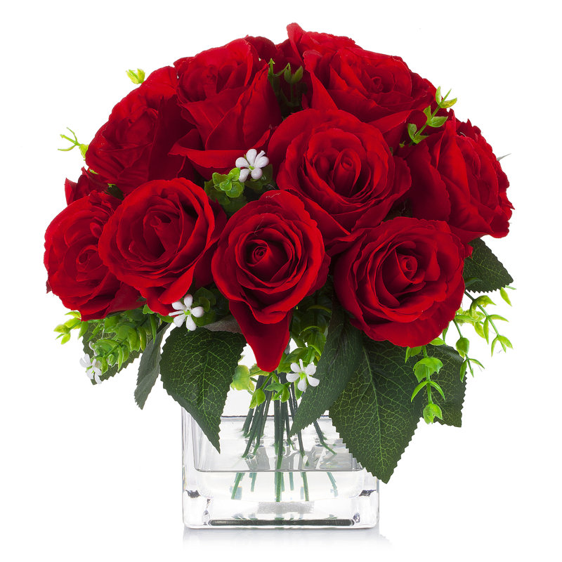 Roses artificielles dans un vase en verre, Rouge