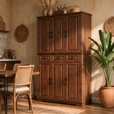 72" Farmhouse Kitchen Pantry Storage Cabinet with Pull-Out Trays, Door Racks  Adjustable Shelves, Freestanding Rustic Cupboard, Embossed Wood Grain