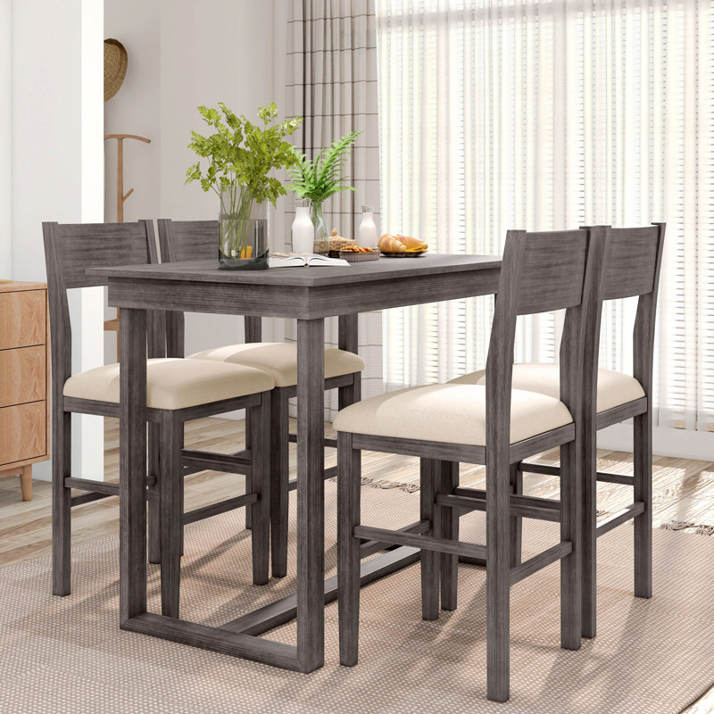 Gray Rubberwood Farmhouse Counter Height Dining Set with Cushioned Chairs