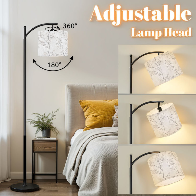 Lampe sur pied à arc avec abat-jour ajustable Lampe sur pied à branches florales gris doux à aquarelle