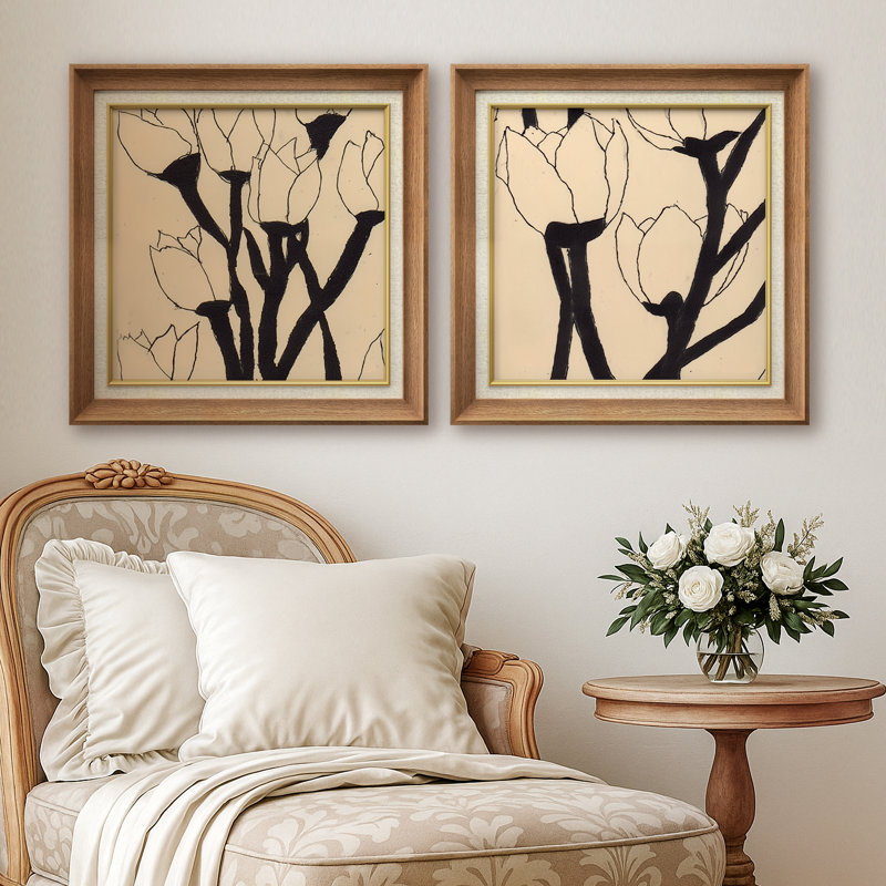 «Minimalist Black Line Floral Silhouette Art Set», impression encadrée sur papier dans la chambre des maîtres, 2 pièces