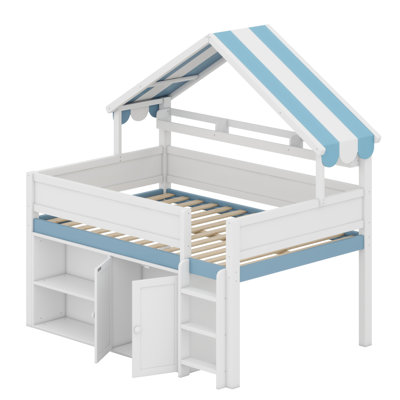 Multi-Functional Loft Bed with Canopy Roof and Storage Cabinet
