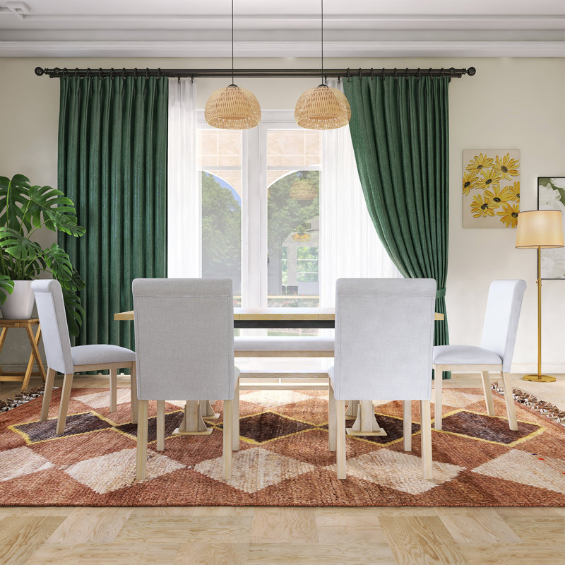 Ensemble de salle à manger 6 pièces avec table extensible 76 po, chaises rembourrées et banc, Naturel, Blanc