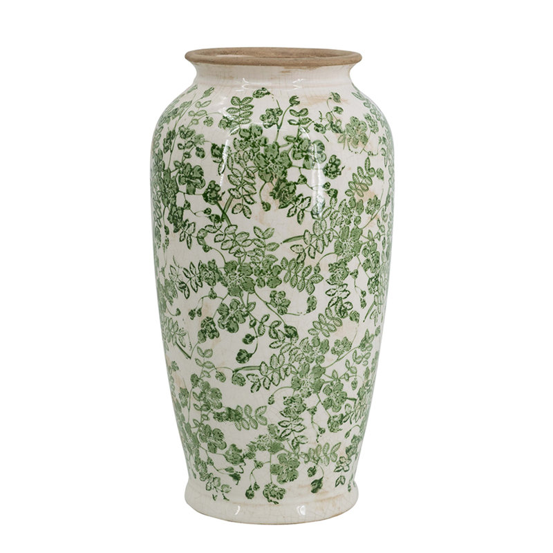 Vase à fleurs en céramique blanche avec motif floral vert