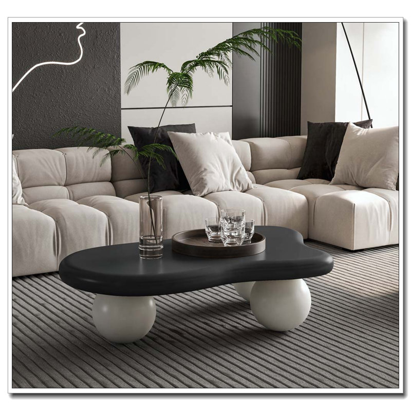 Table basse de 40 pouces en forme de nuage avec 3 pieds sphériques, Plateau noir / base blanche