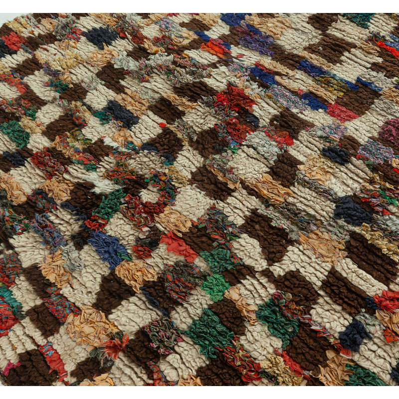 Tapis rétro tribal marocain en laine brun clair / jaune / bleu fait à la main 4 pi 10 po x 9 pi 6 po Vintage