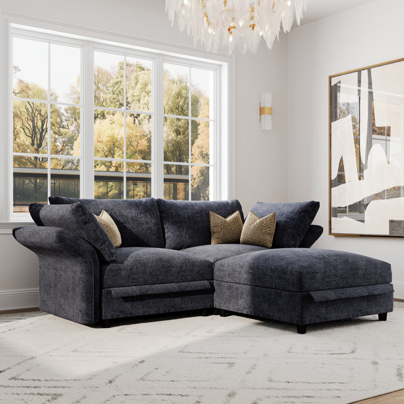 Canapé 3 places en chenille à assise profonde avec repose-pieds, Noir