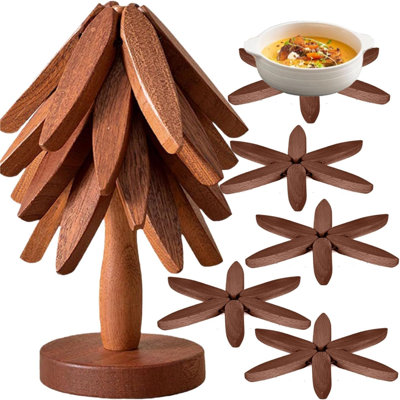 Tree Coasters Set Of 4 - Wooden Trivets For Hot Dishes, Pot, Bowl, Coffee, Teapot (Brown-4)