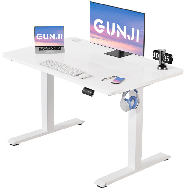 Hieronymus Electric Adjustable T-Shape Standing Desk Home Desk With Backpack Hook And Memory Smart Pannel, White