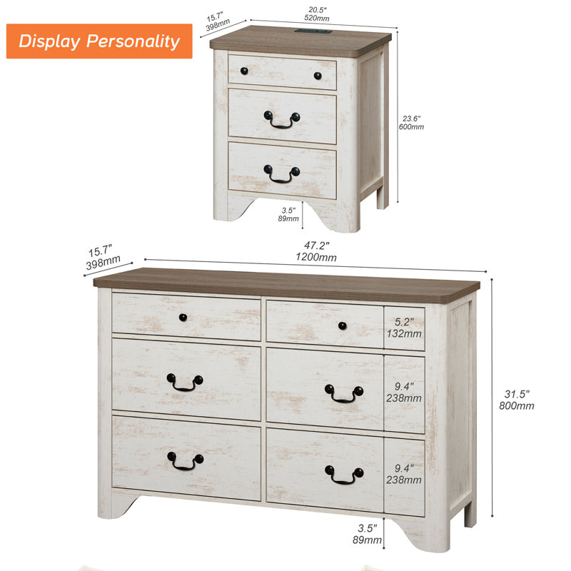 Ensemble de commode et de table de chevet 2 tiroirs 2 pièces Modern Modern, Blanc