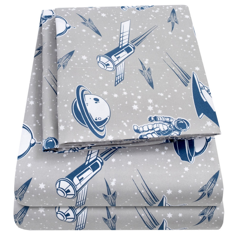 Twin Blue and Gray Spaceship Print Microfiber Sheet Set