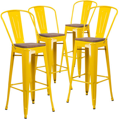 Margherite Modern Bistro Metal Dining Stool with Curved Vertical Slat Back and Wood Seat