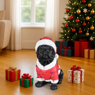 Statue de chien de Noël Parker avec chapeau de père Noël pour l'extérieur