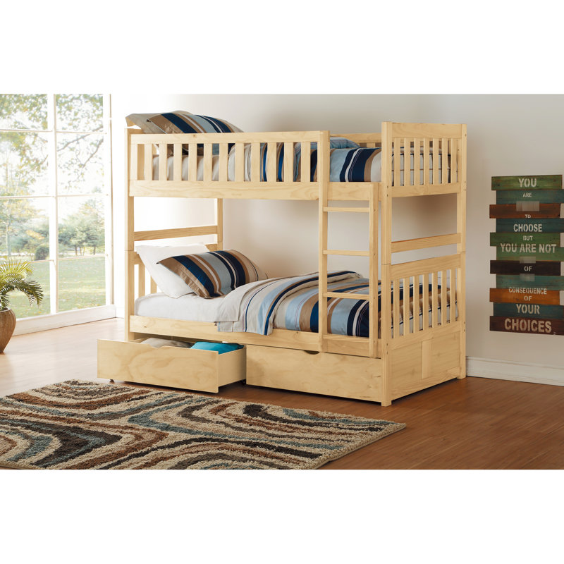 Lit simple au-dessus d'un lit superposé au fini pin naturel, avec des boîtes de rangement et, pour la chambre à coucher, des rails de protection supérieure, aucun sommier tapissier requis, chacun pouvant supporter 300 lb