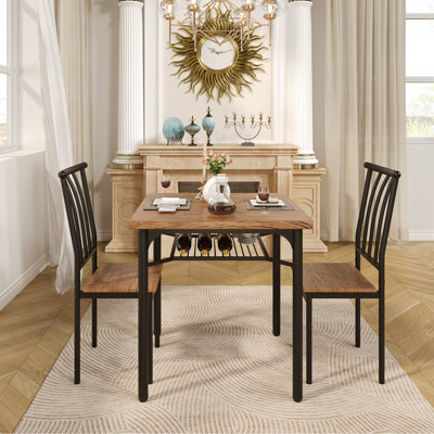 Ensemble de table de salle à manger carrée 3 pièces pour 2 personnes - Table de cuisine et chaises avec structure en métal, porte-bouteilles et tablettes de rangement - Petit mobilier de salle à manger brun rustique pour appartements