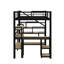 Lit mezzanine double en métal avec escalier, bureau et tablettes