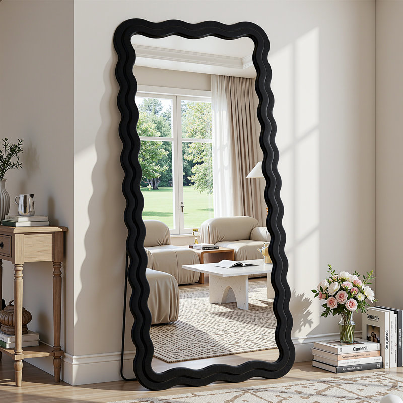 Miroir irrégulier pleine longueur ondulé avec cadre enveloppé de flanelle, Noir, 76 po x 34 po
