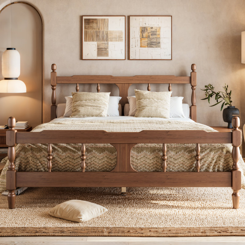 Cadre de lit plateforme en bambou Geometra avec tête de lit carrée découpée pour chambre à coucher, Queen, Brun