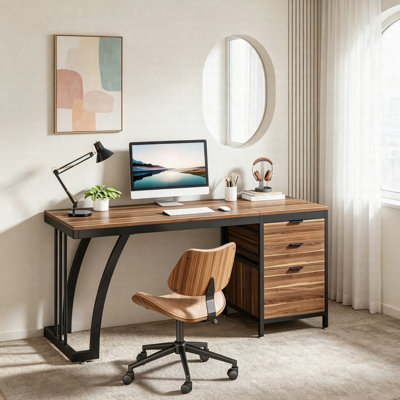 Industrial Computer Desk 59", Study Desk With Reversible Drawer Cabinet And File Storage