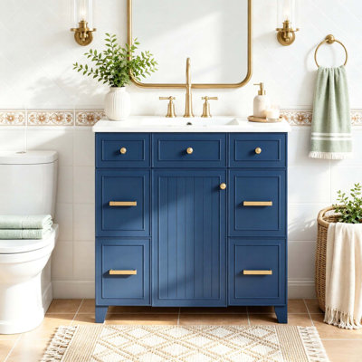 Meuble-lavabo 36 po avec lavabo en céramique, structure en bois massif, portes à fermeture douce, tablettes réglables, 3 tiroirs, y compris un tiroir à double profondeur pour le rangement du sèche-cheveux