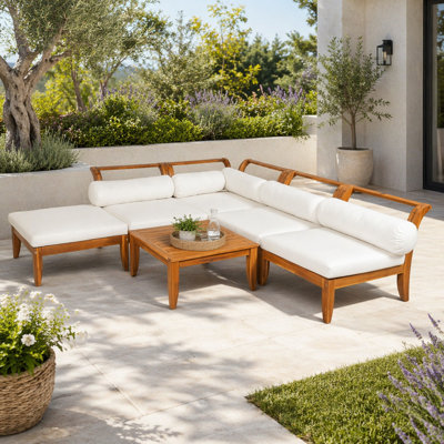 Ensemble de canapé de patio 6 pièces, ensemble de conversation modulaire d'extérieur en bois d'acacia