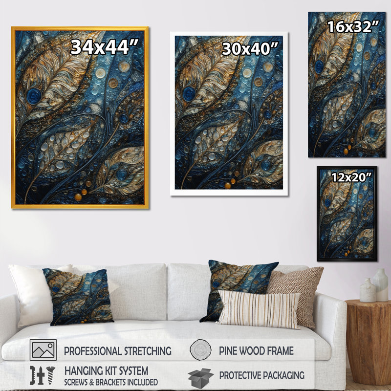 Shoreham Blue and Gold Melody Of Boho III sur toile, H 40 po x l 30 po x P 1,5 po, Cadre flottant noir