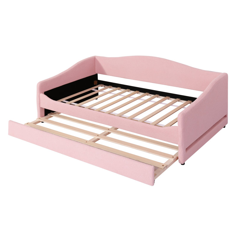 Lit de jour rose accrocheur avec lit gigogne coulissant et chariot à énergie double rembourré en molleton avec éclairage à DEL