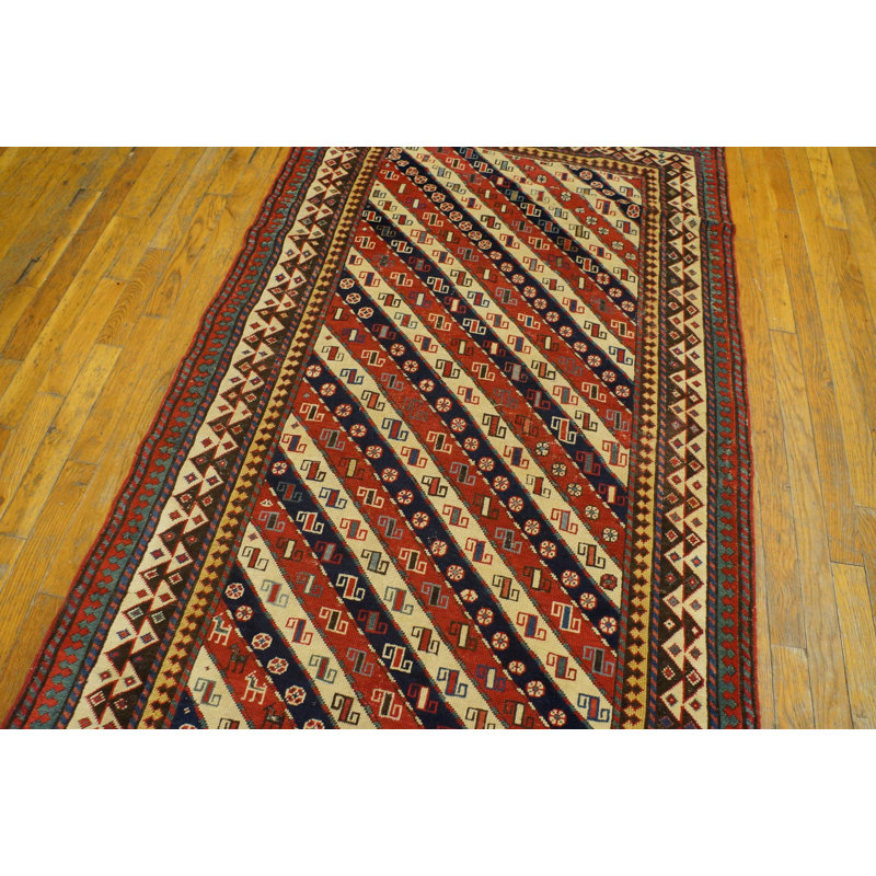 Tribal Geometric Striped Antique Caucasian Shirvan Hallway Runner Rug