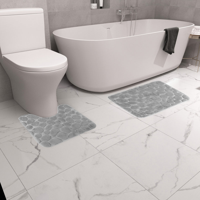 Ensemble de 2 tapis de bain en mousse viscoélastique, tapis de bain antidérapant et tapis de toilette en forme de U, ultra doux et absorbant l'eau, gris